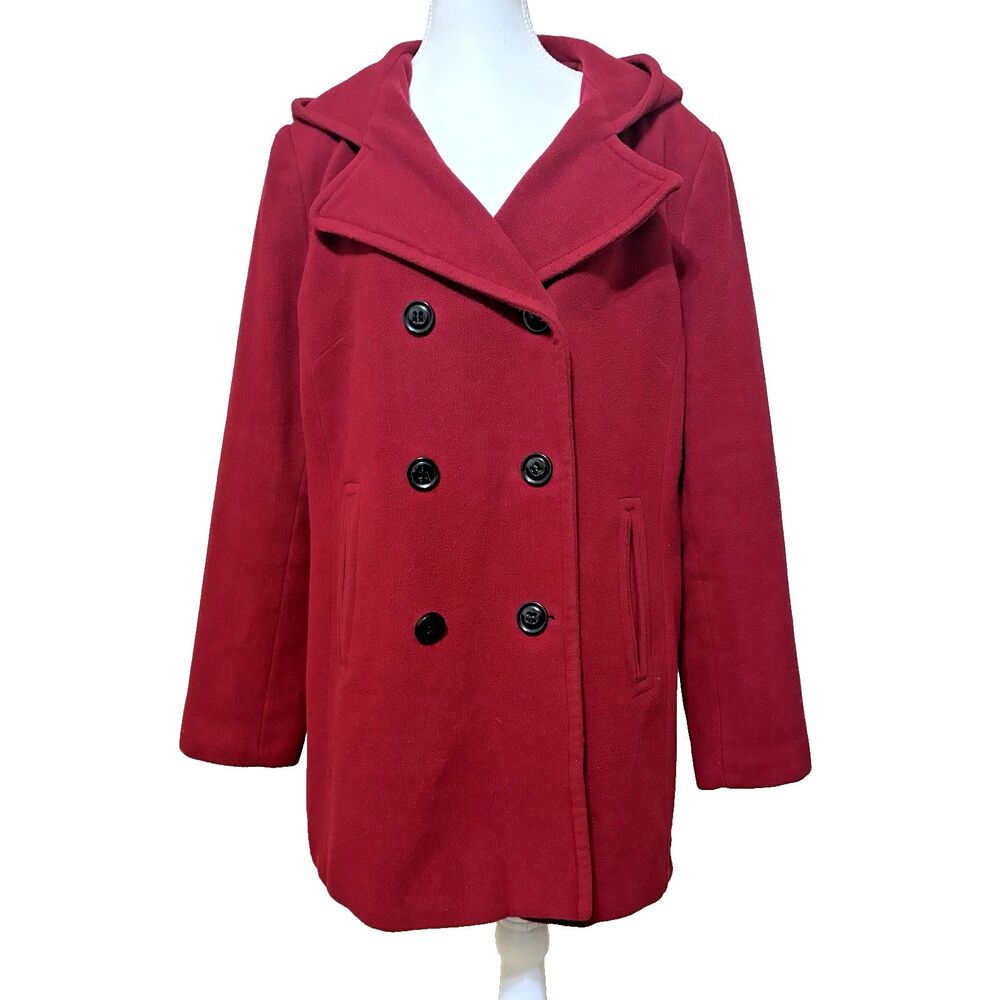 Covington Womens Large Red Hooded Wool Blend Pea Coat Double Breasted Lined